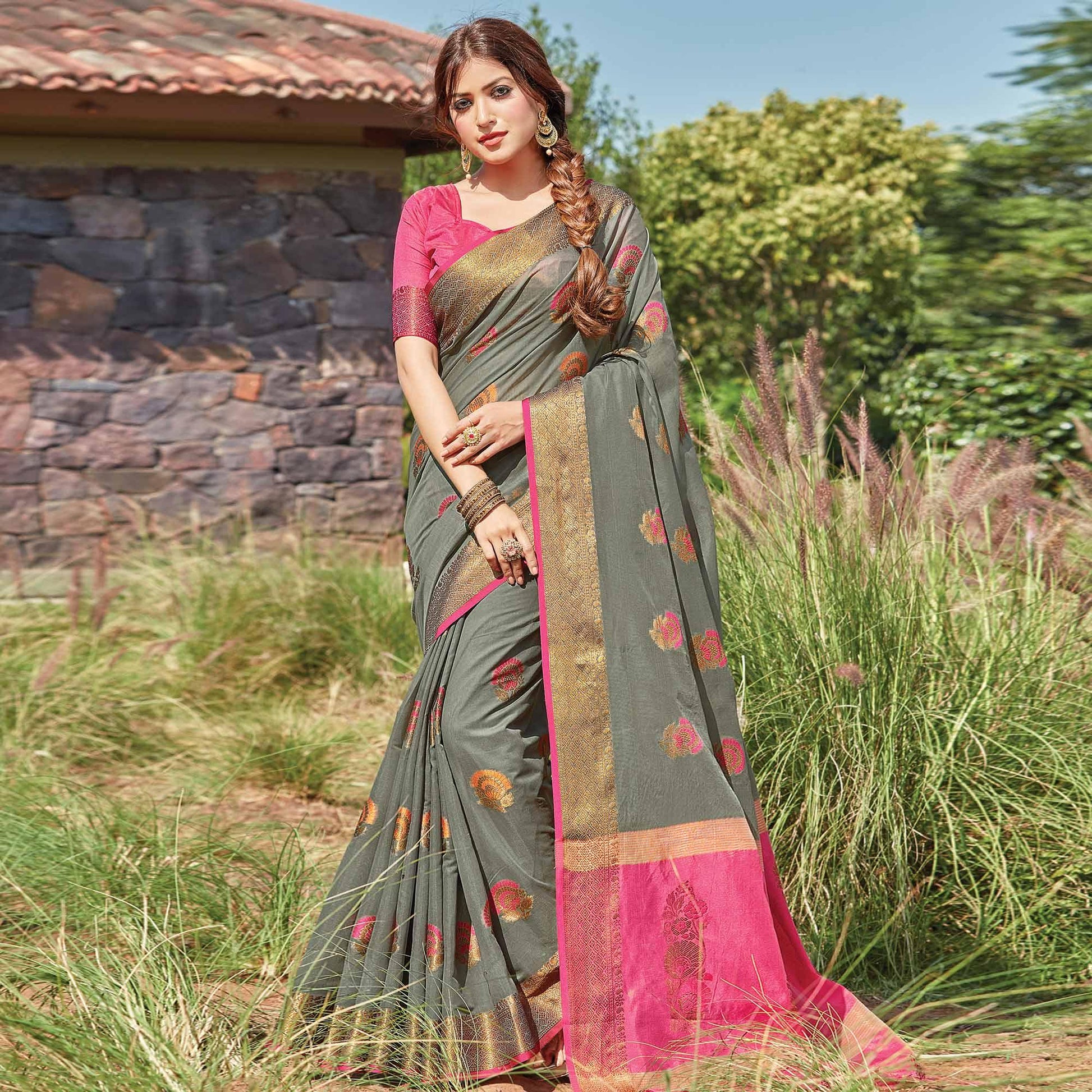 Gleaming Grey Colored Festive Wear Woven Cotton Handloom Saree