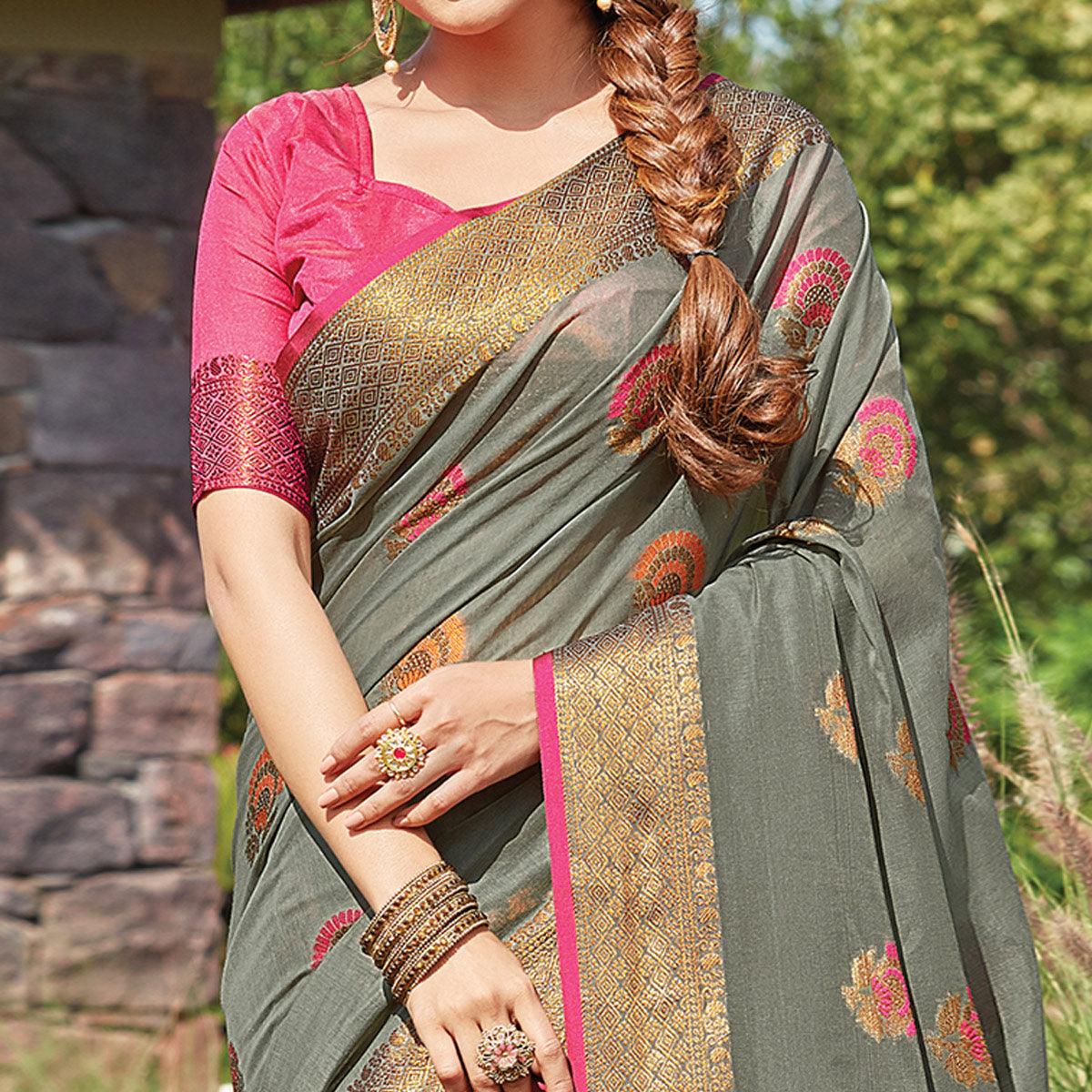 Gleaming Grey Colored Festive Wear Woven Cotton Handloom Saree