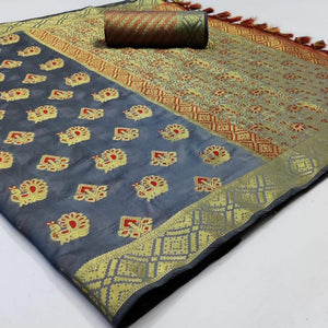 Gleaming Grey Colored Festive Wear Woven Cotton Saree