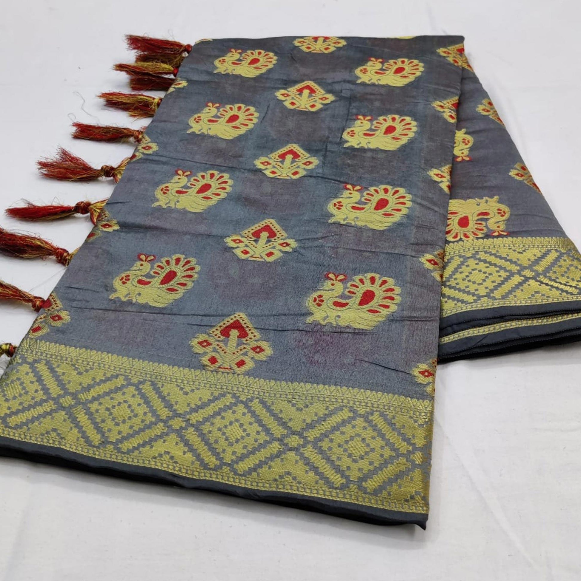 Gleaming Grey Colored Festive Wear Woven Cotton Saree