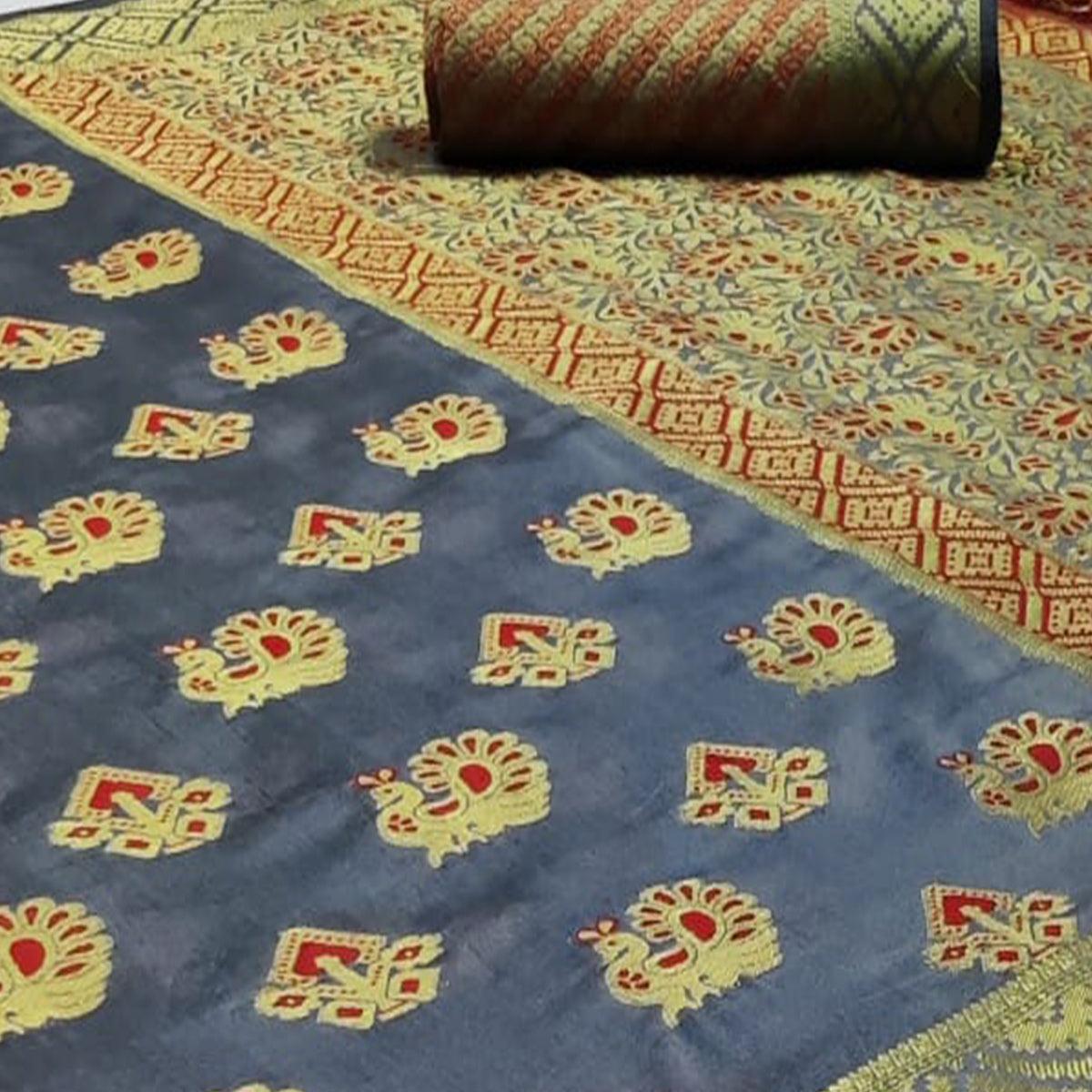 Gleaming Grey Colored Festive Wear Woven Cotton Saree