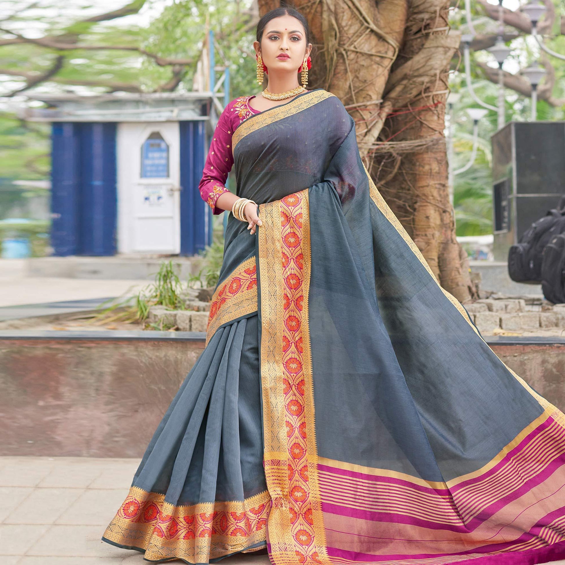 Gleaming Grey Colored Festive Wear Woven Handloom Silk Saree