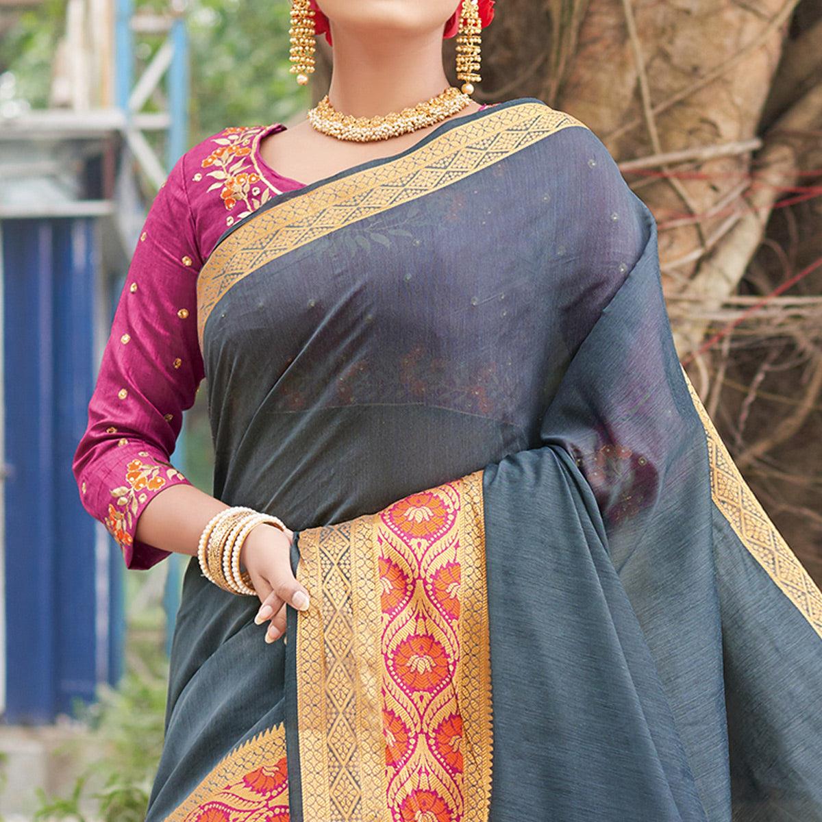 Gleaming Grey Colored Festive Wear Woven Handloom Silk Saree