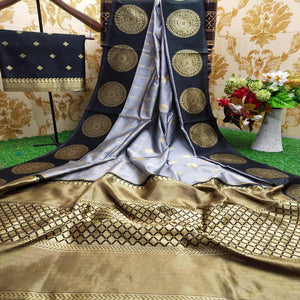 Gleaming Grey Colored Festive Wear Woven Soft Lichi Silk Saree