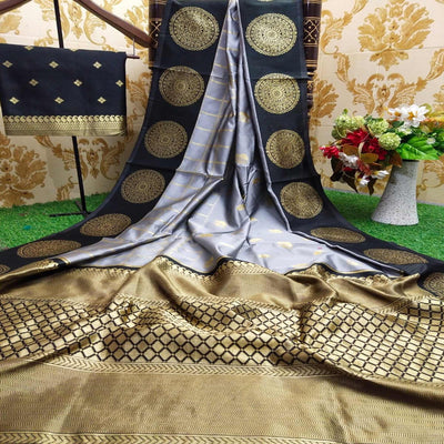 Gleaming Grey Colored Festive Wear Woven Soft Lichi Silk Saree