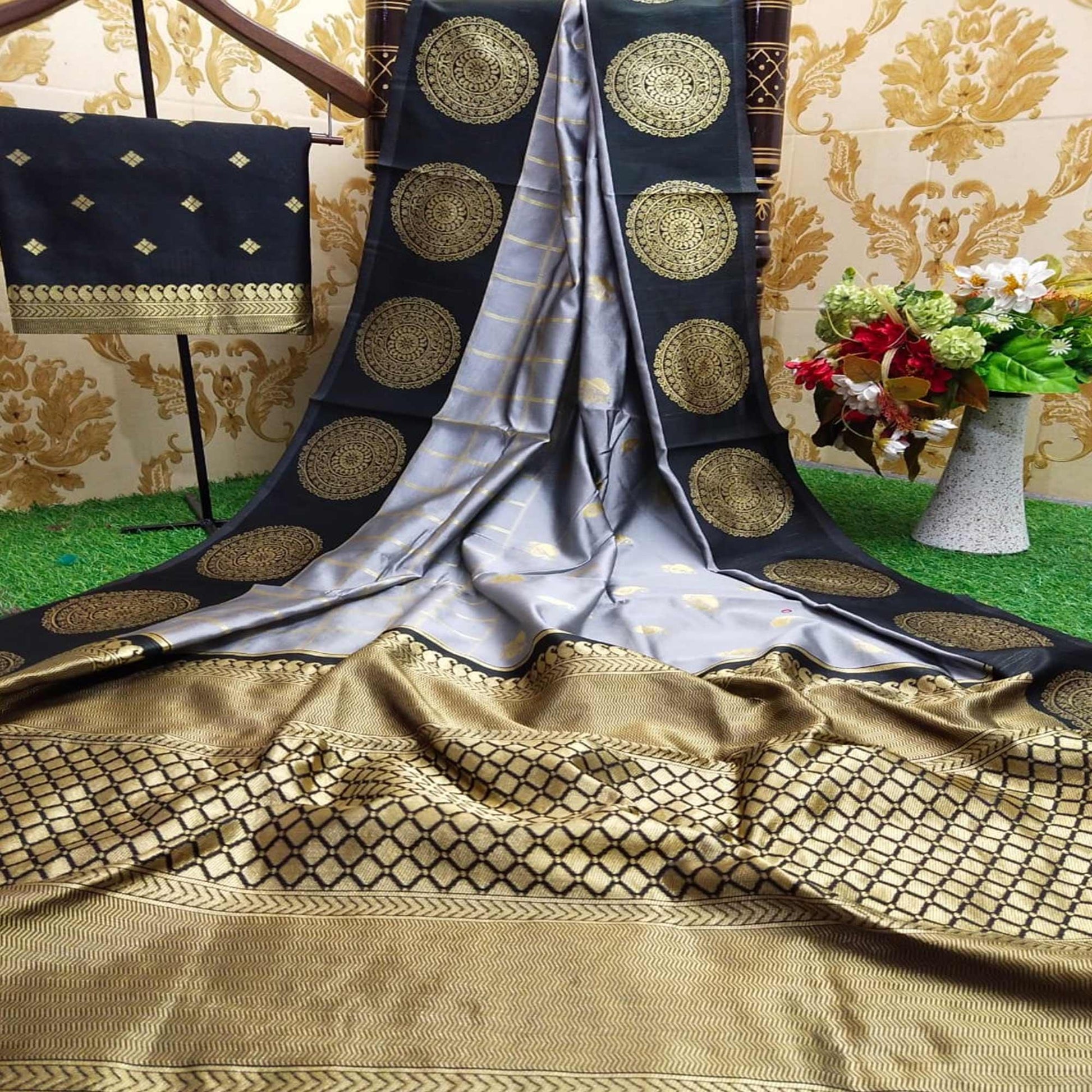Gleaming Grey Colored Festive Wear Woven Soft Lichi Silk Saree