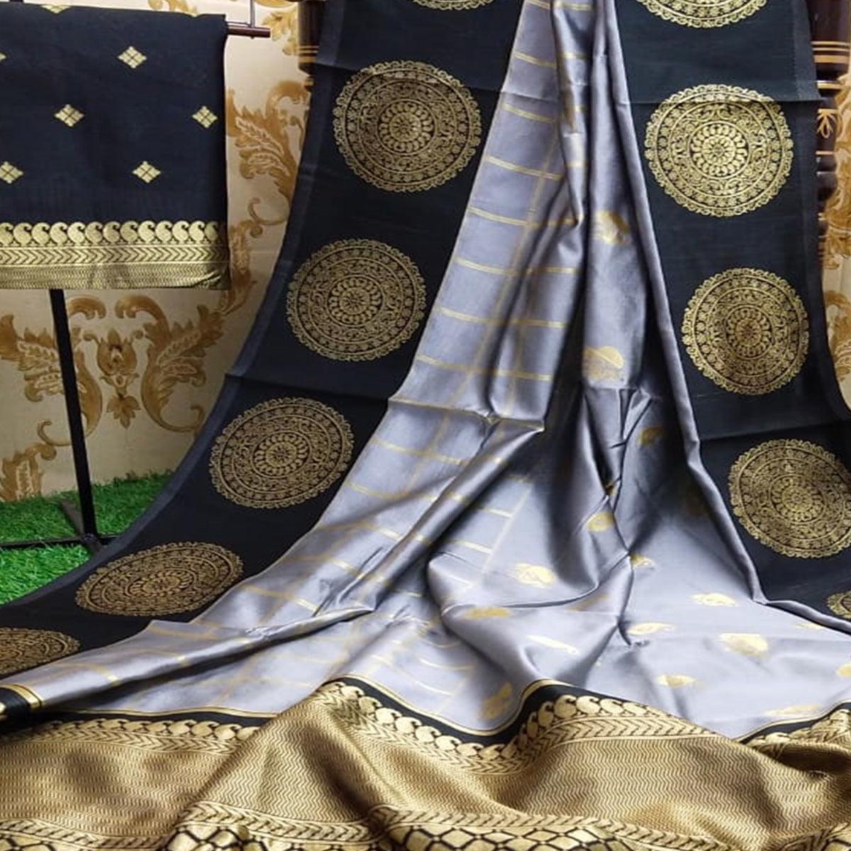 Gleaming Grey Colored Festive Wear Woven Soft Lichi Silk Saree
