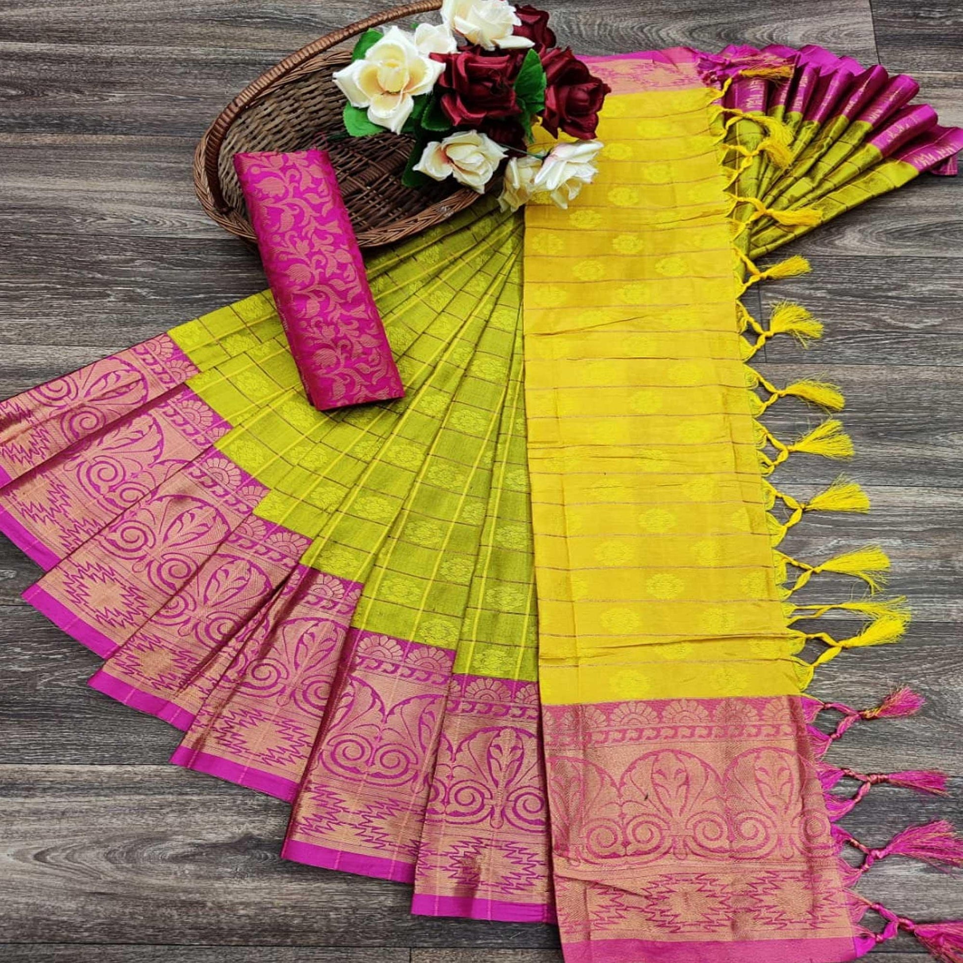 Gleaming Lemon green  Colored Festive Wear Woven Cotton Silk Saree