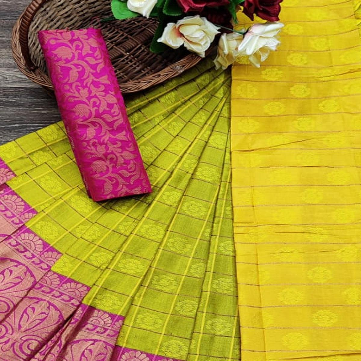 Gleaming Lemon green  Colored Festive Wear Woven Cotton Silk Saree