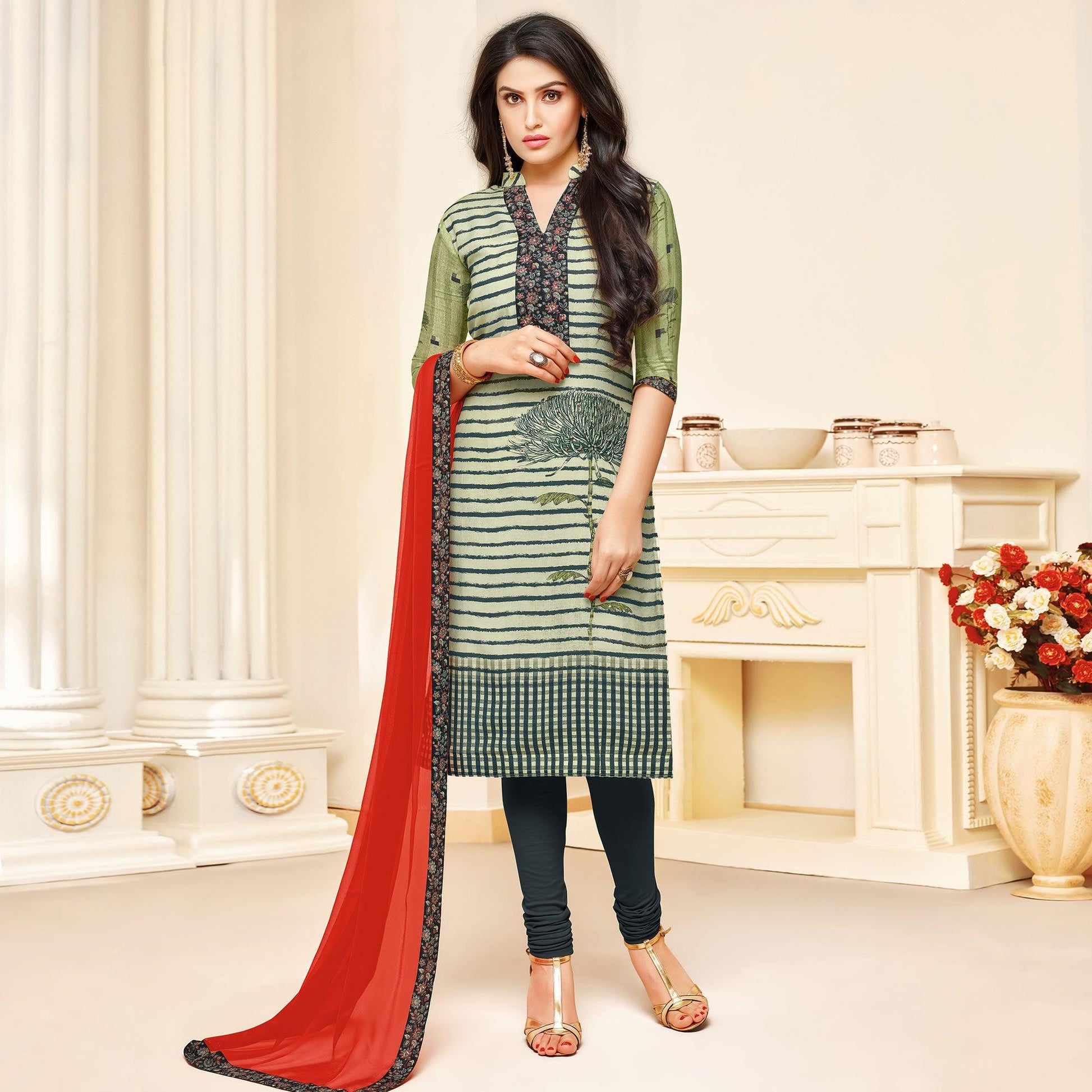 Gleaming Light Pastel Green Colored Partywear Digital Printed Muslin Suit