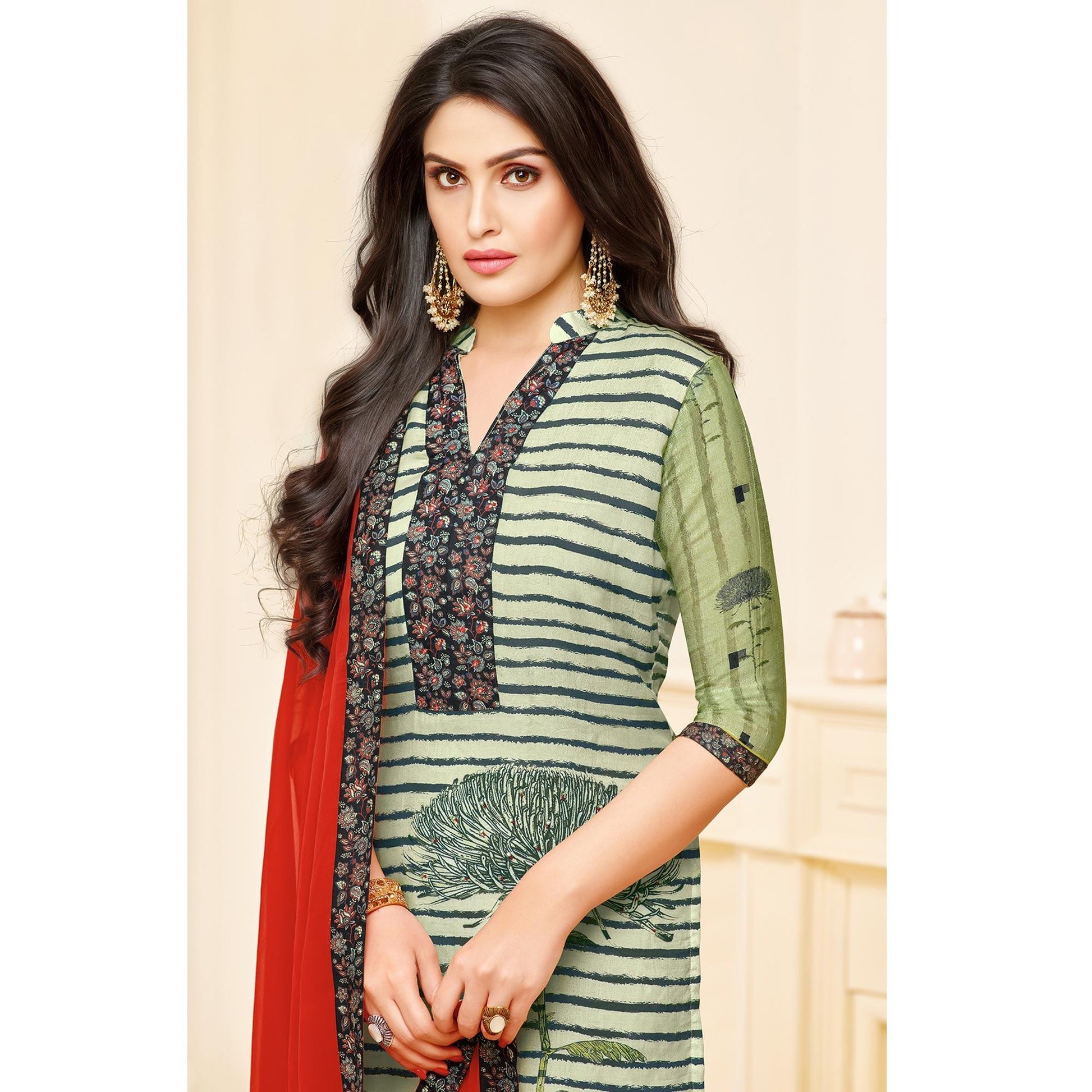 Gleaming Light Pastel Green Colored Partywear Digital Printed Muslin Suit