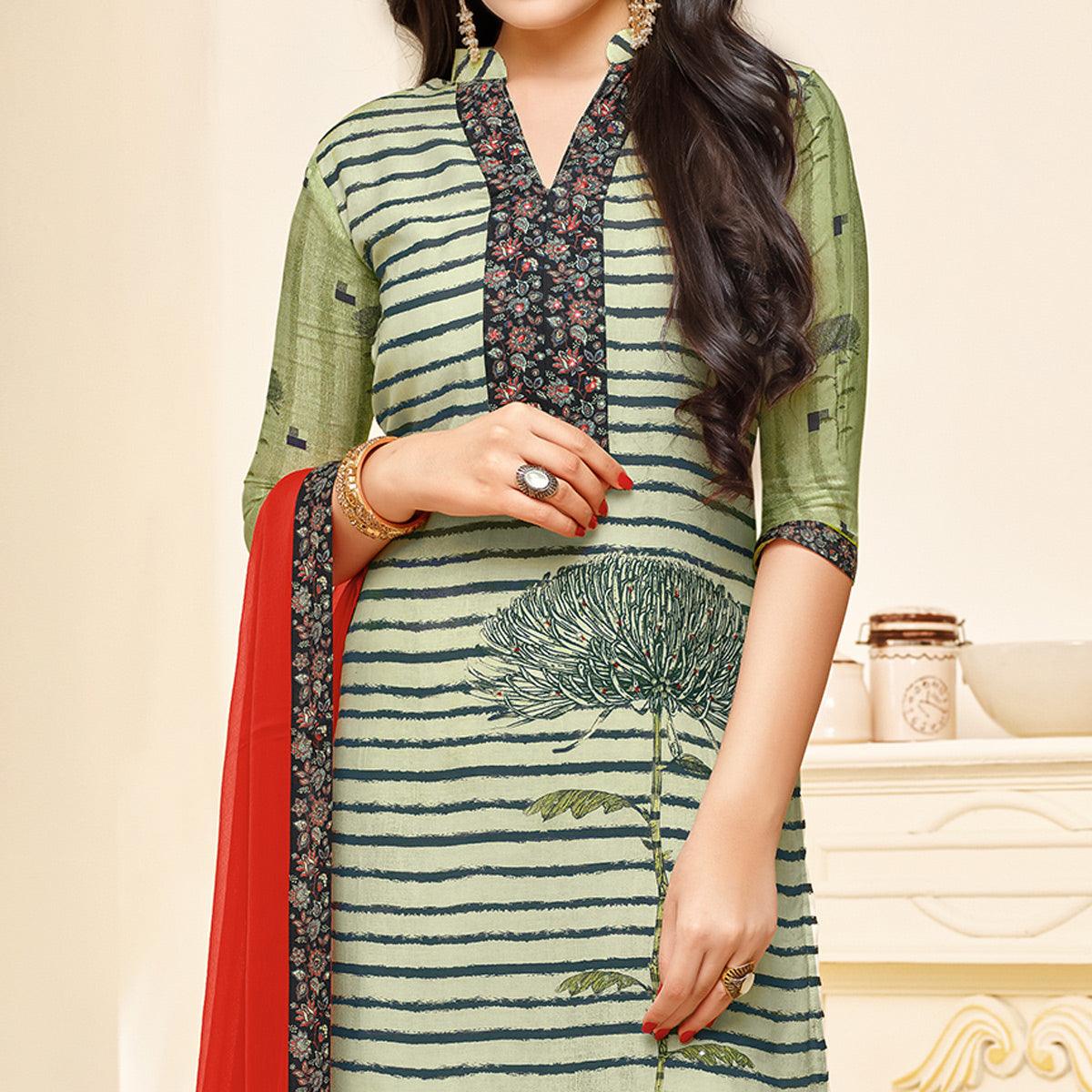 Gleaming Light Pastel Green Colored Partywear Digital Printed Muslin Suit