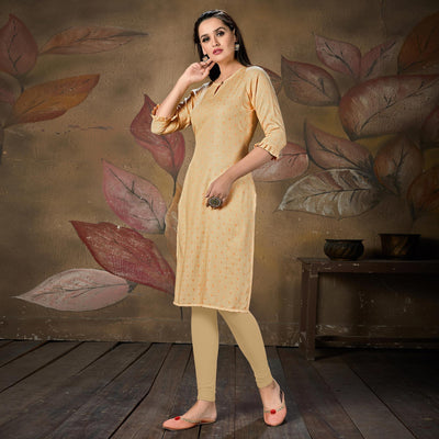 Gleaming Light Peach Colored Casual Embroidered Cotton Kurti