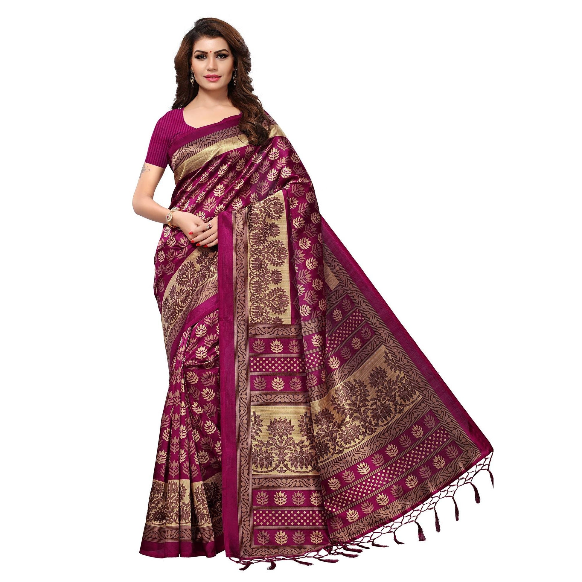 Gleaming Magenta Pink Colored Casual Printed Mysore Art Silk Saree