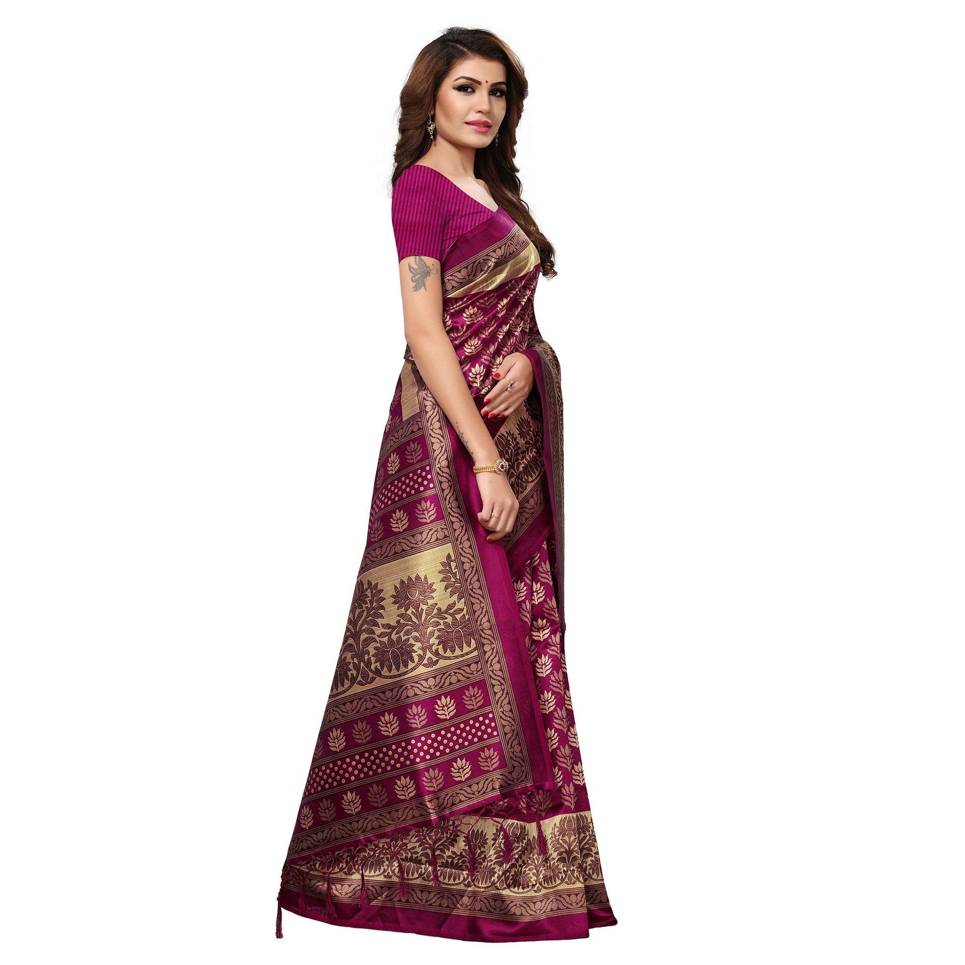 Gleaming Magenta Pink Colored Casual Printed Mysore Art Silk Saree