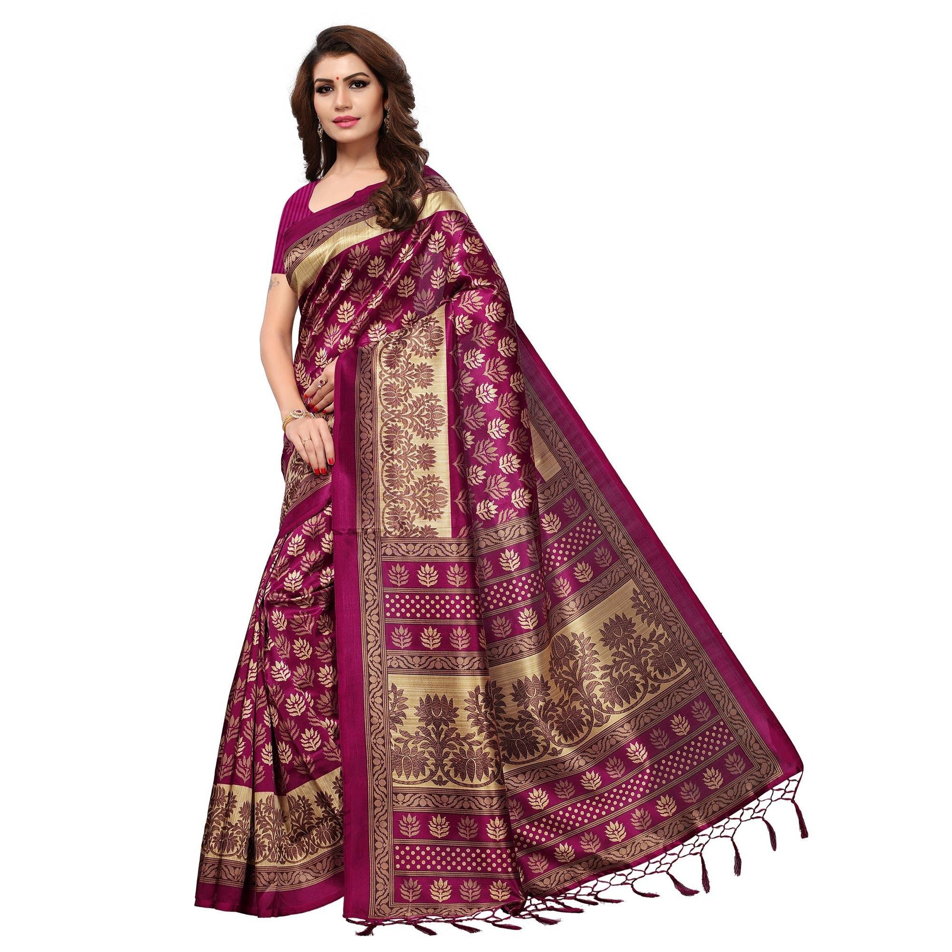 Gleaming Magenta Pink Colored Casual Printed Mysore Art Silk Saree