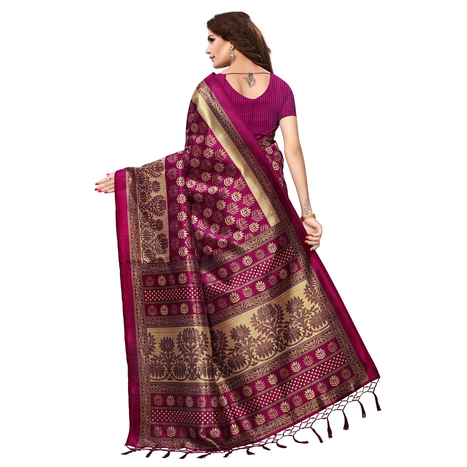 Gleaming Magenta Pink Colored Casual Printed Mysore Art Silk Saree