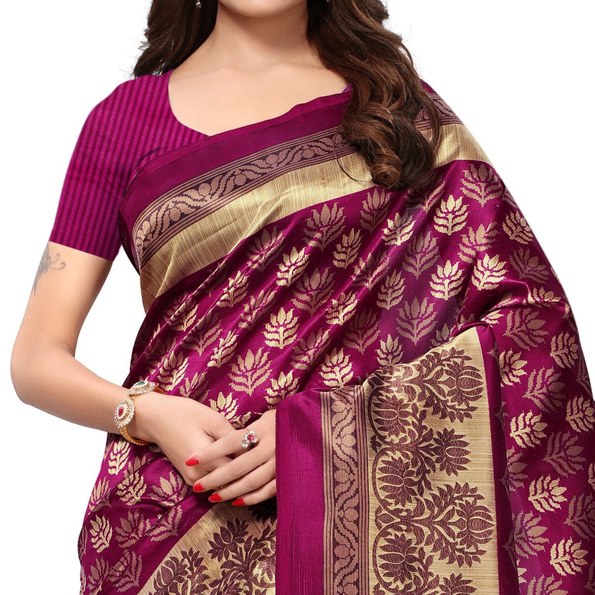 Gleaming Magenta Pink Colored Casual Printed Mysore Art Silk Saree