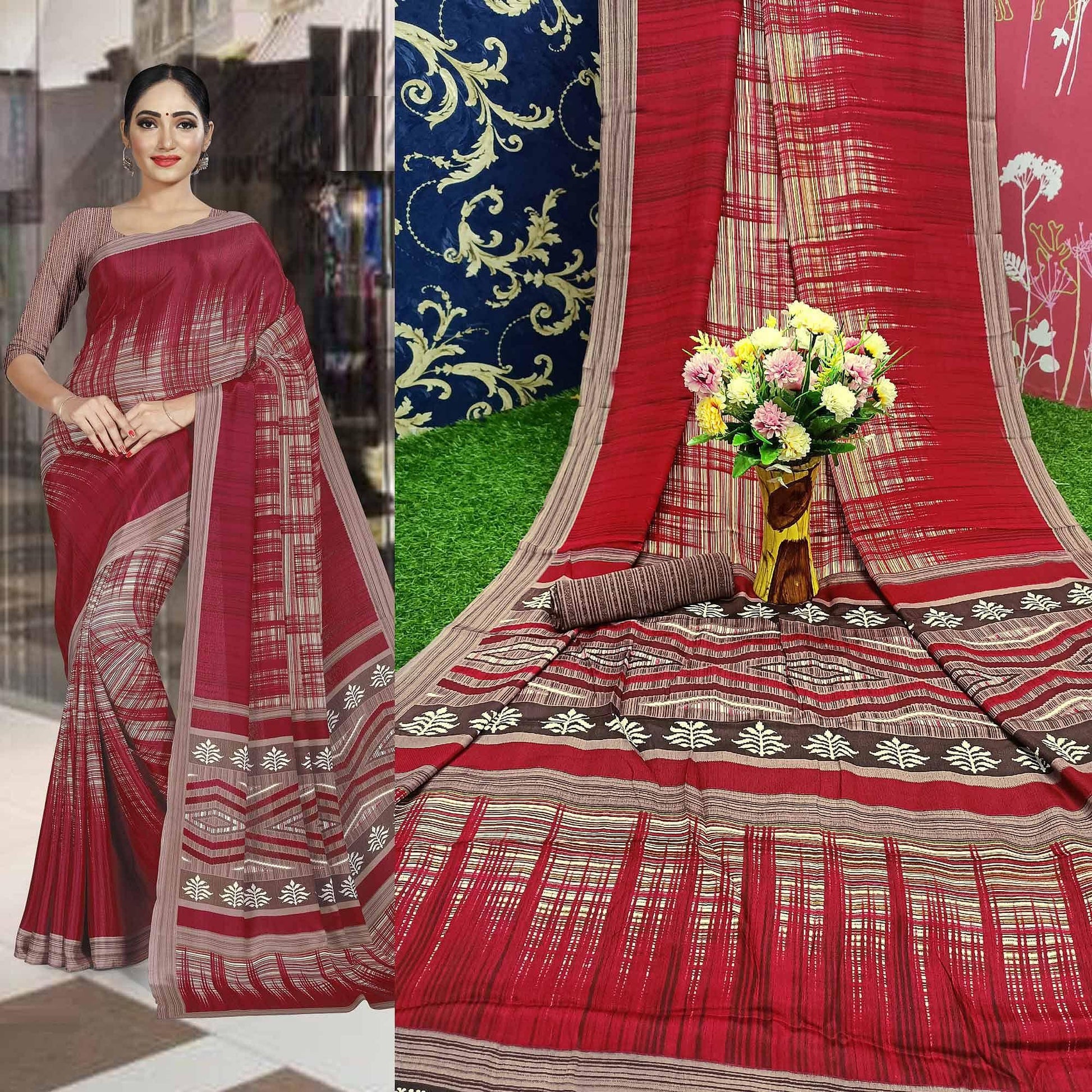 Gleaming Maroon Colored Casual Wear Printed Crepe Saree