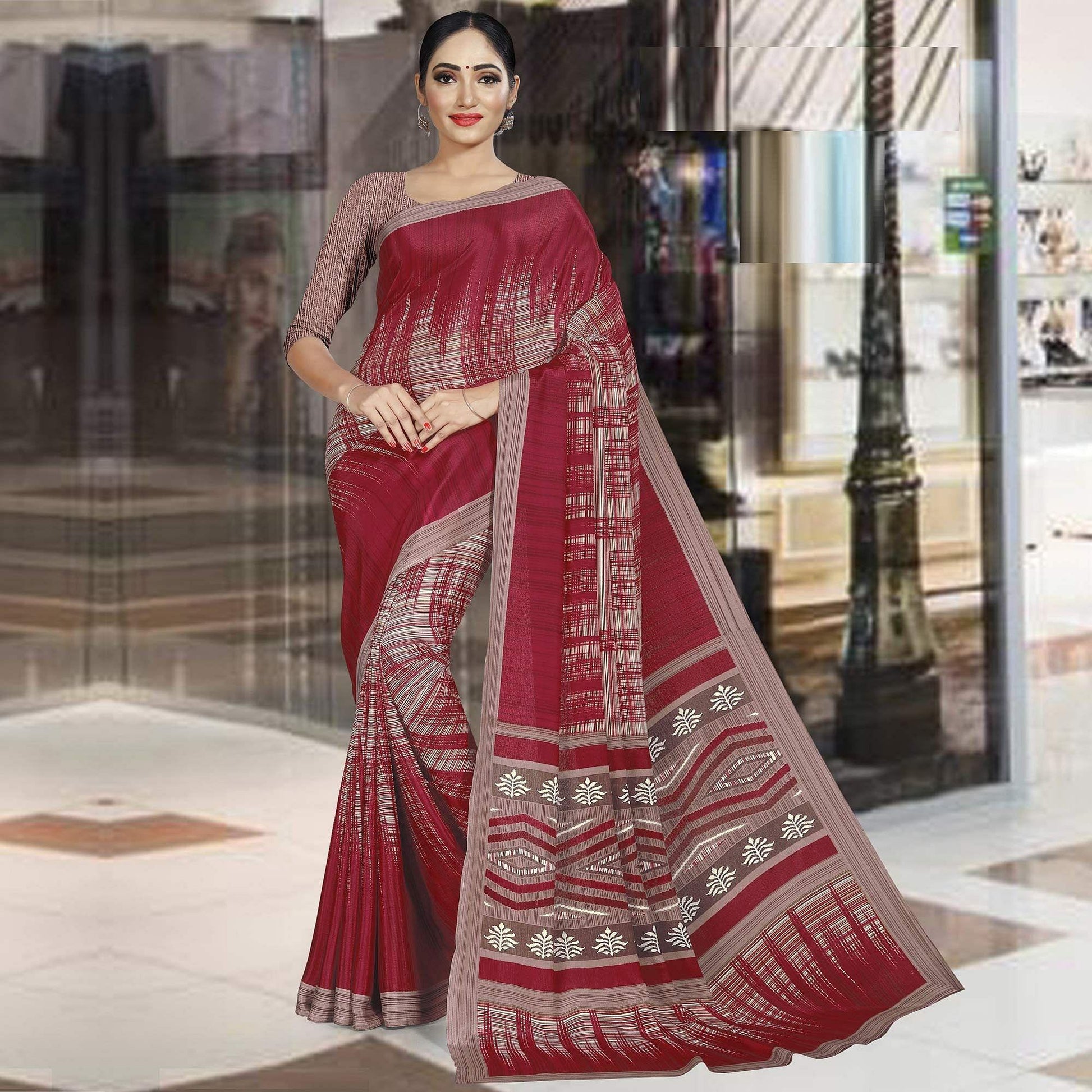 Gleaming Maroon Colored Casual Wear Printed Crepe Saree