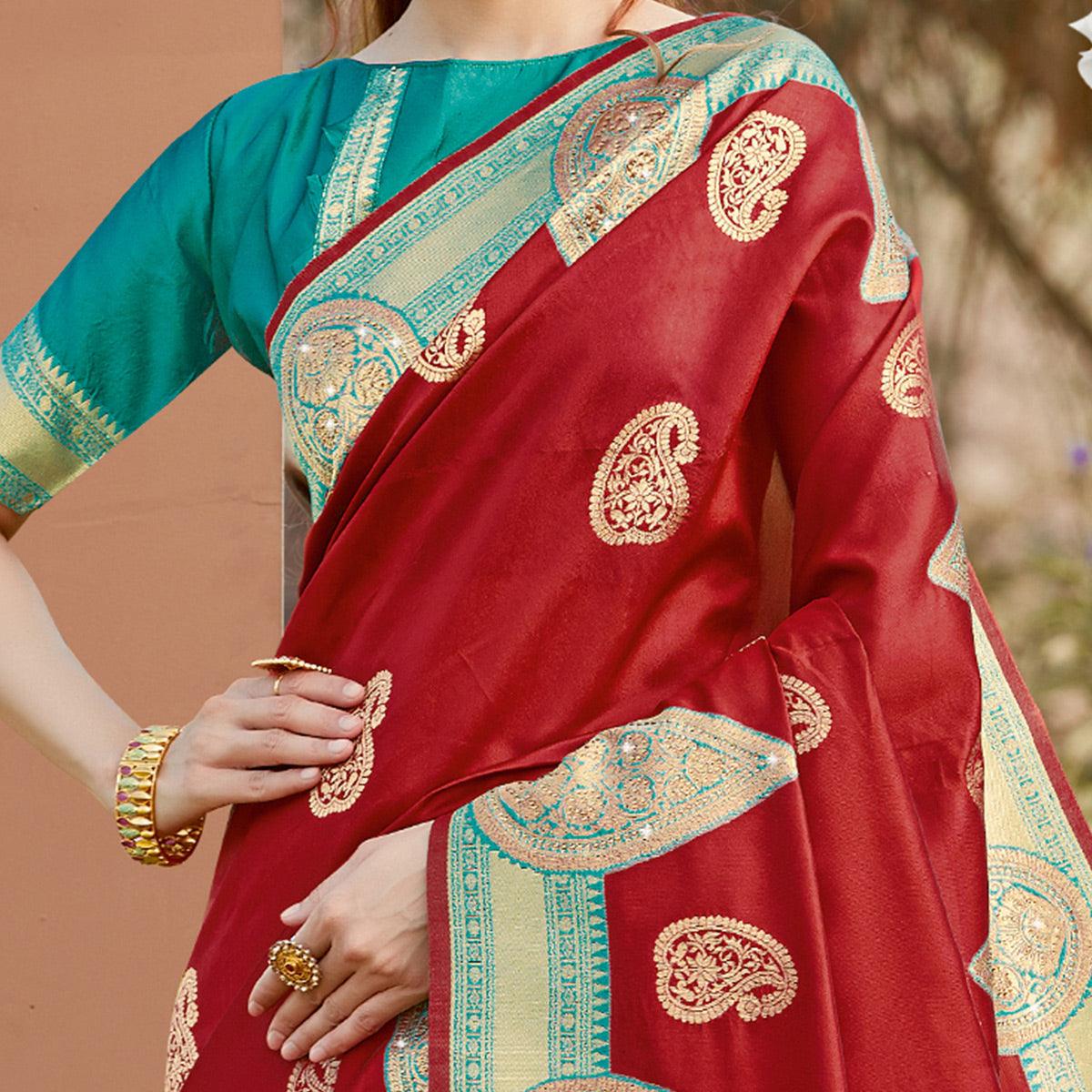 Gleaming Maroon Colored Festive Wear Woven Silk Saree