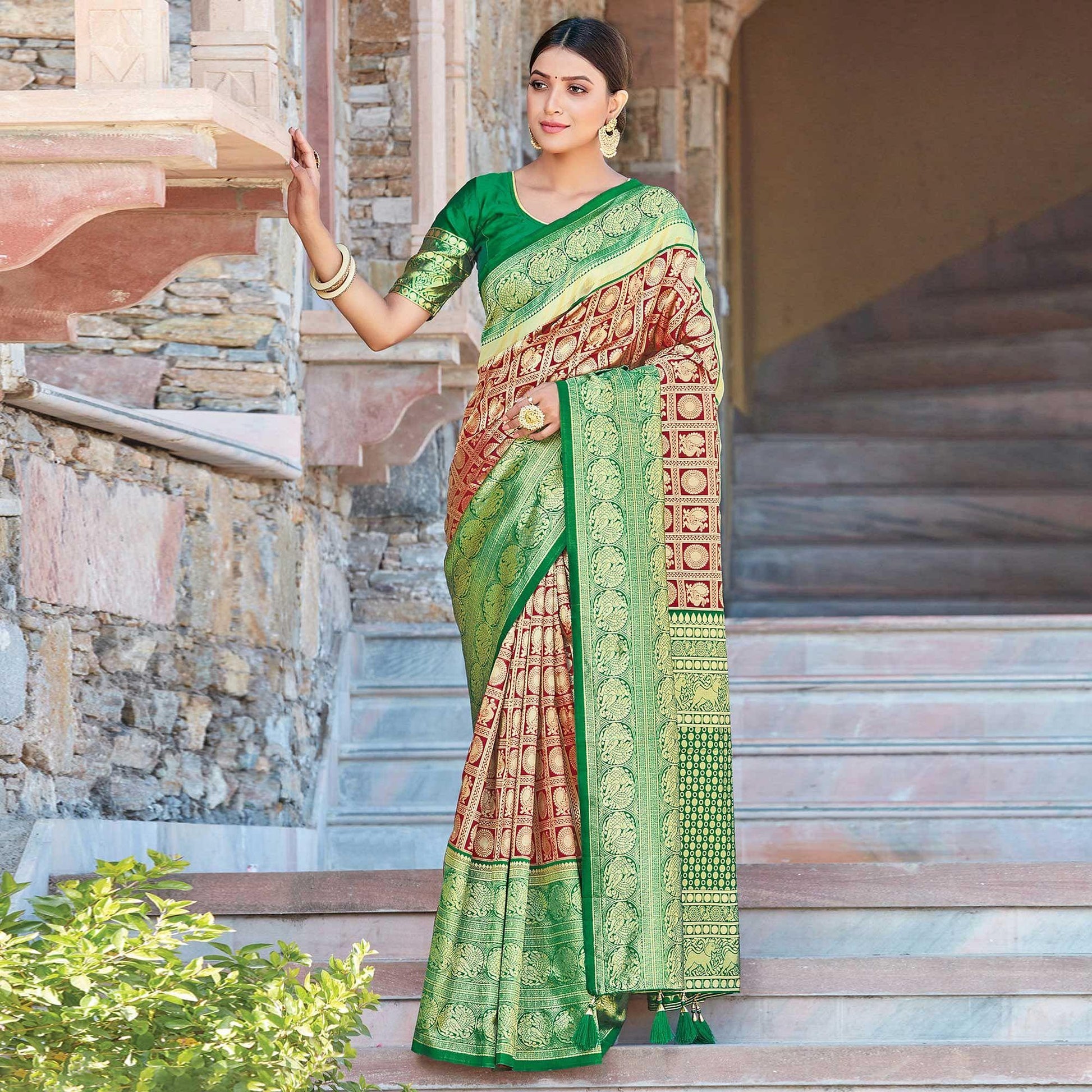 Gleaming Maroon Colored Festive Wear Woven Silk Sareee