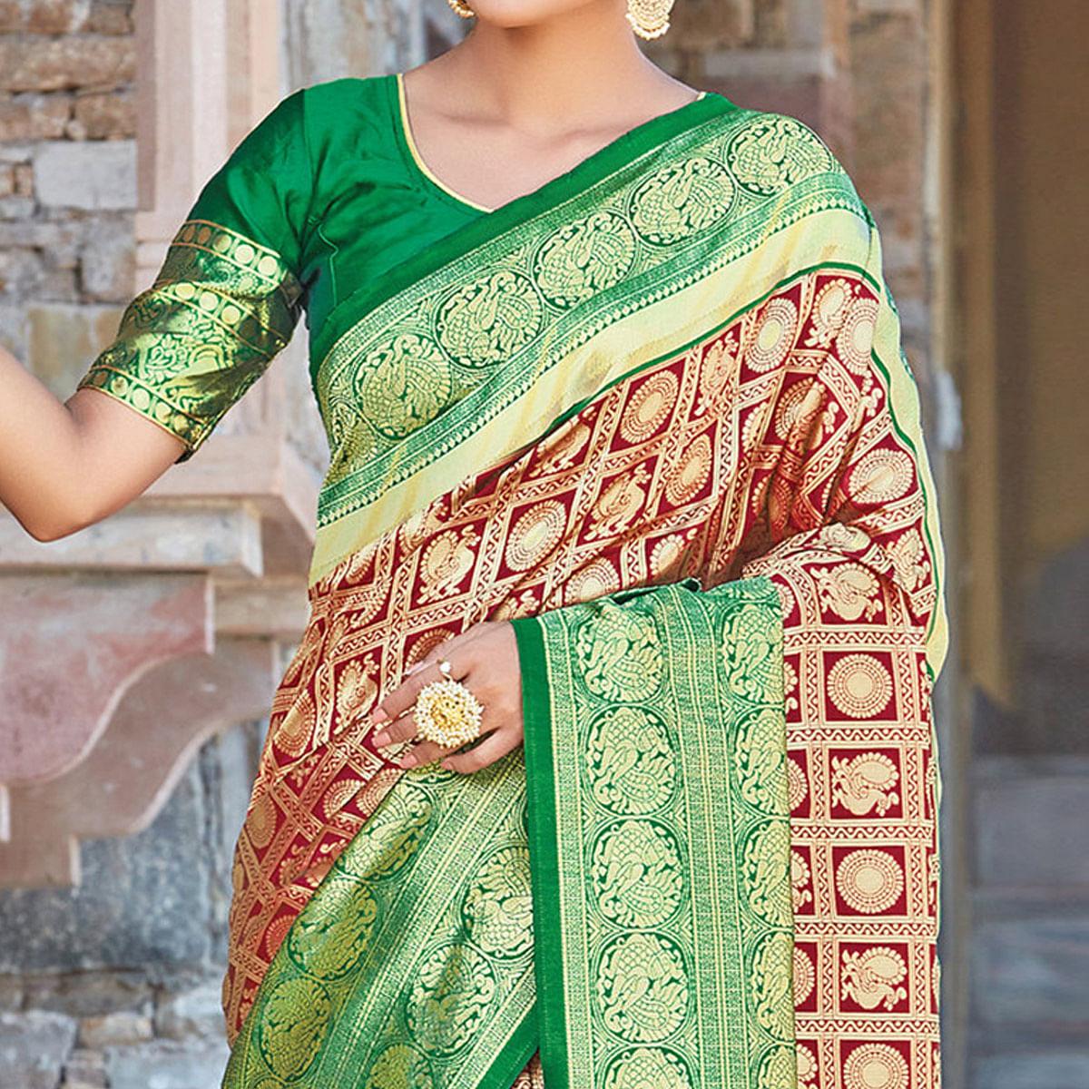 Gleaming Maroon Colored Festive Wear Woven Silk Sareee