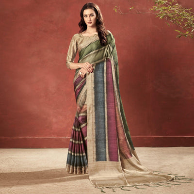 Gleaming Multi Colored Casual Wear Printed Satin Crepe Saree With Tassels