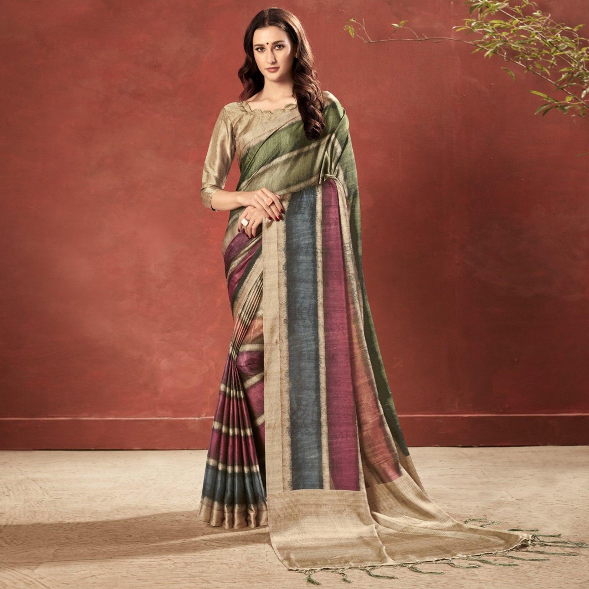 Gleaming Multi Colored Casual Wear Printed Satin Crepe Saree With Tassels