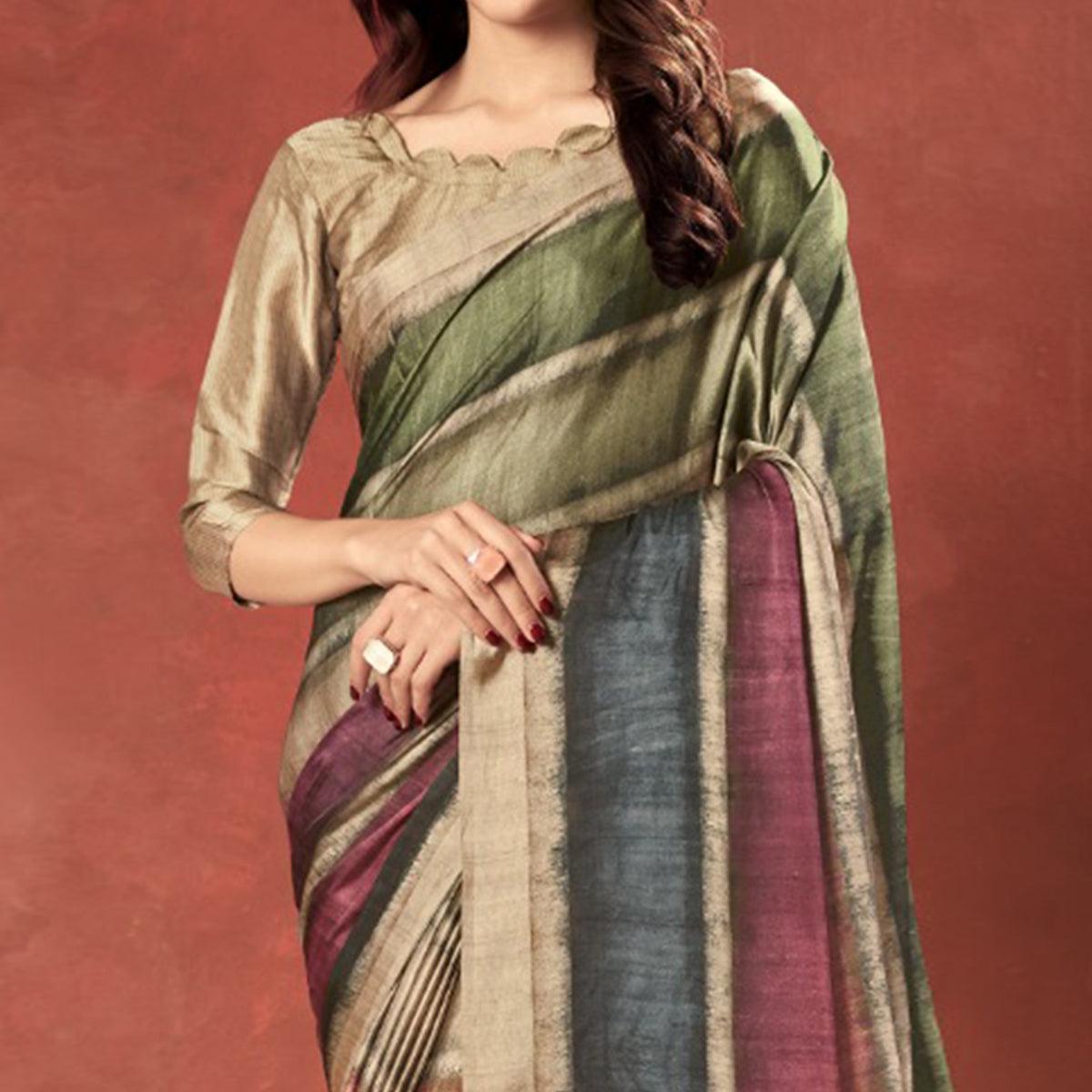 Gleaming Multi Colored Casual Wear Printed Satin Crepe Saree With Tassels