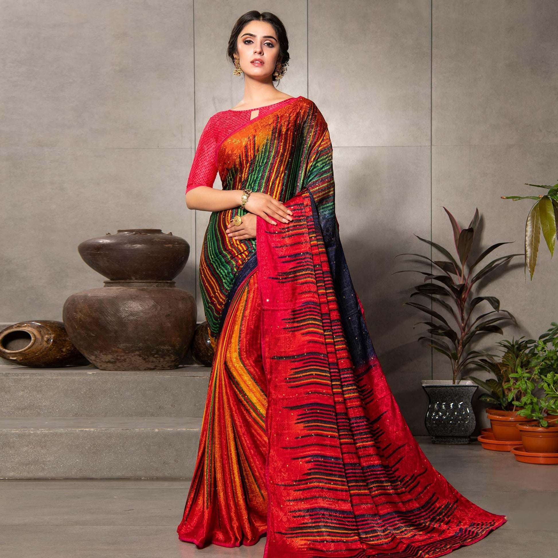 Gleaming Multi Colored Partywear Printed Silk Crape Saree