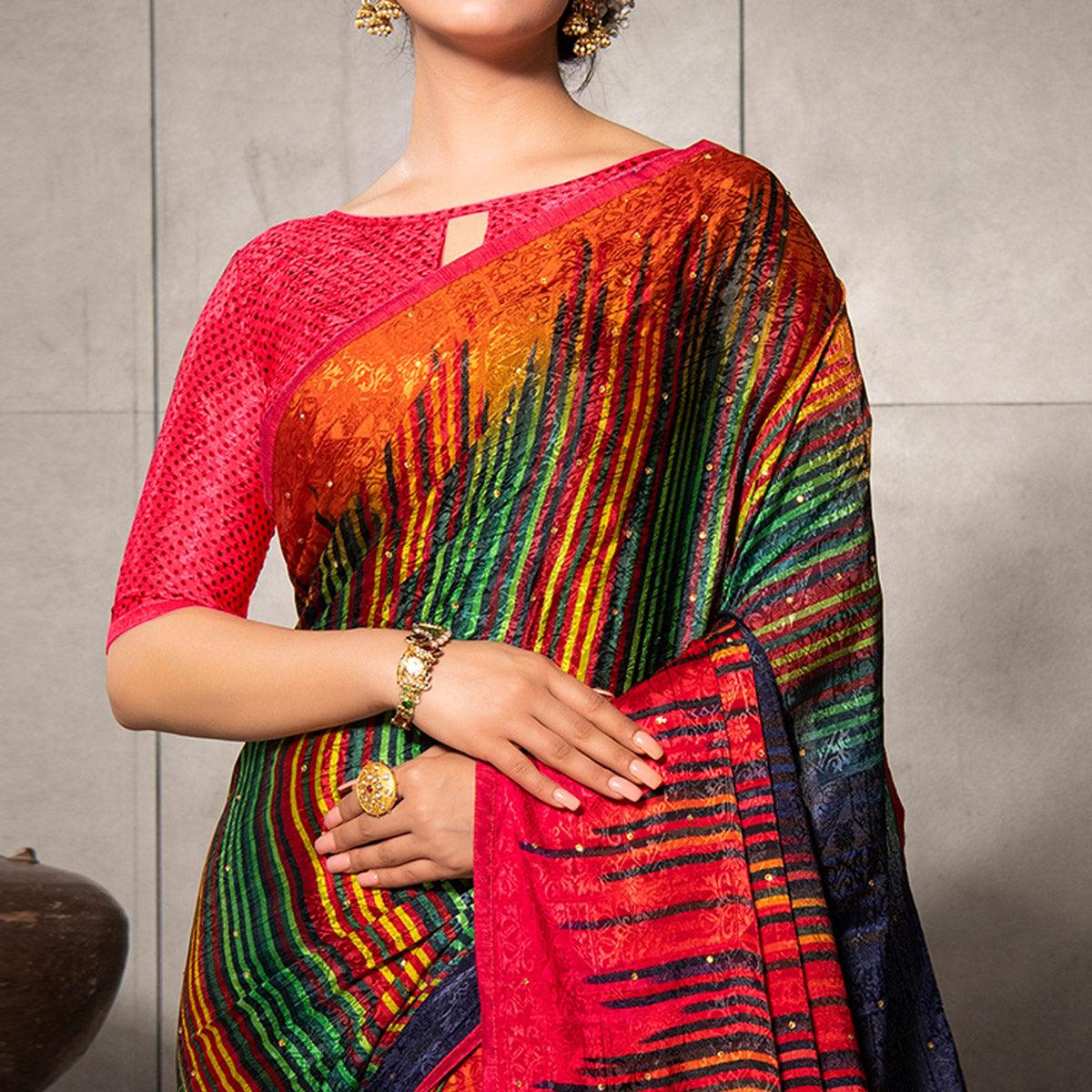 Gleaming Multi Colored Partywear Printed Silk Crape Saree
