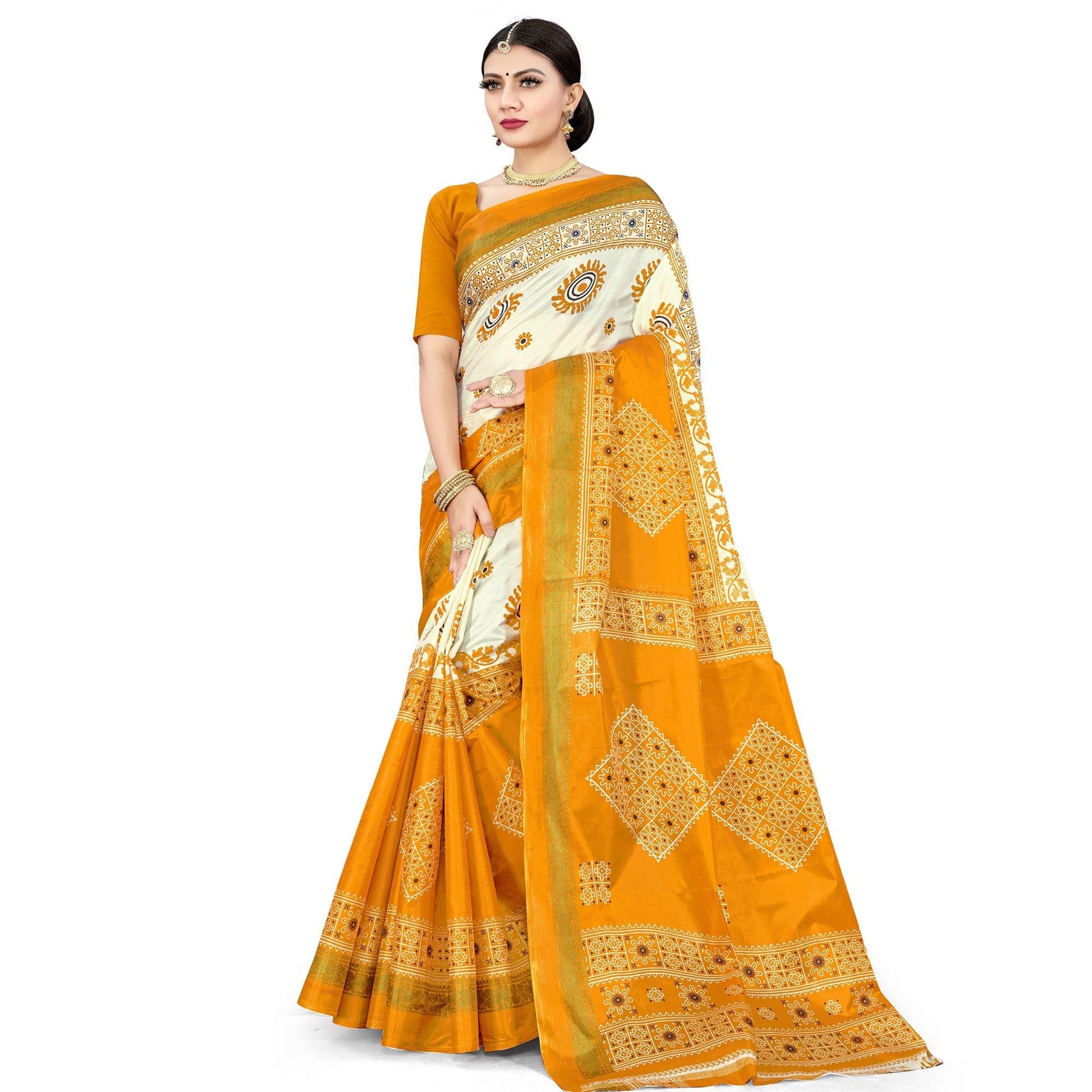 Gleaming Mustard Colored Casual Wear Printed Cotton Silk Saree