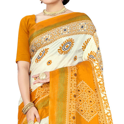 Gleaming Mustard Colored Casual Wear Printed Cotton Silk Saree