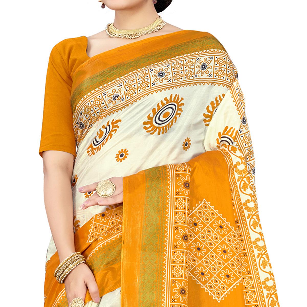 Gleaming Mustard Colored Casual Wear Printed Cotton Silk Saree