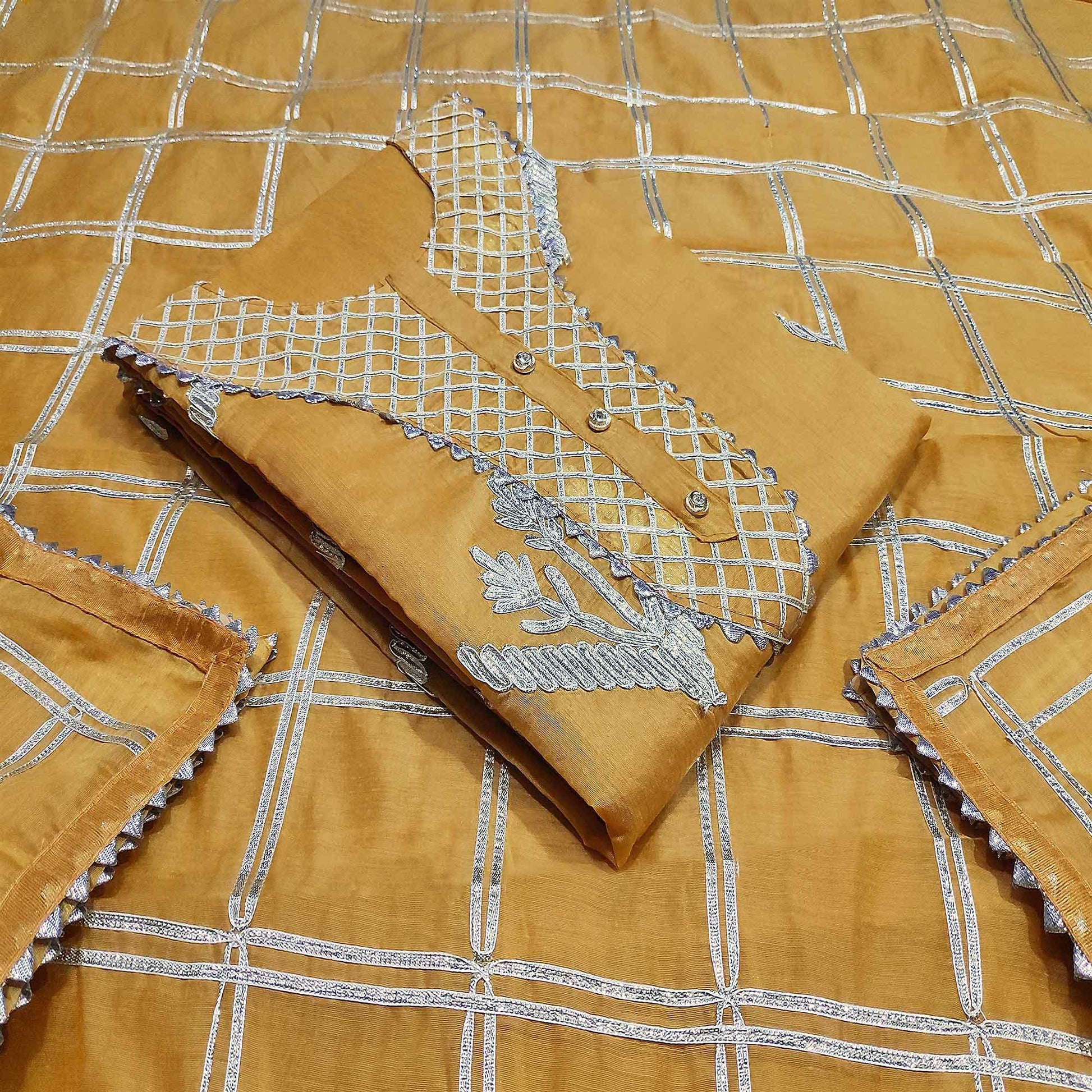 Gleaming Mustard Yellow Colored Casual Wear Embroidered Silk Dress Material