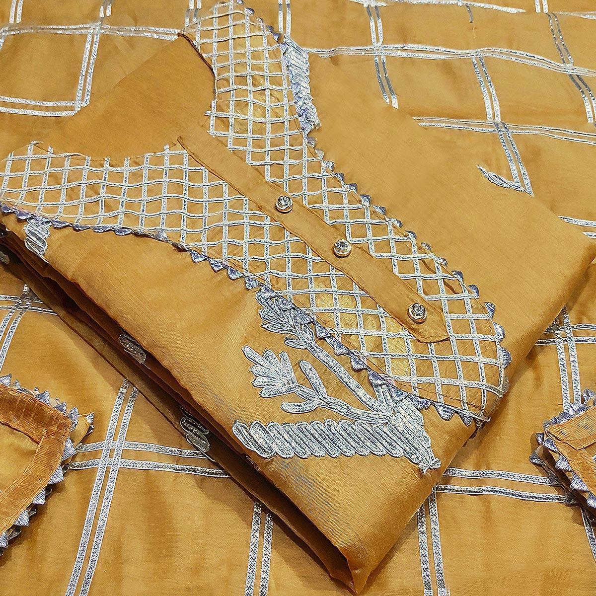 Gleaming Mustard Yellow Colored Casual Wear Embroidered Silk Dress Material