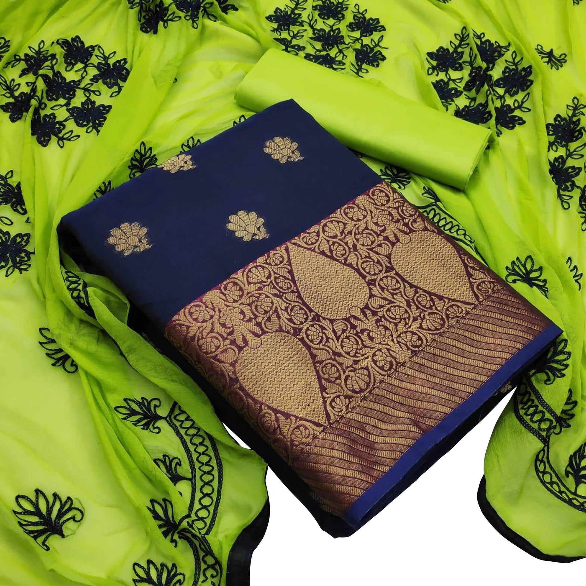 Gleaming Navy Blue Colored Casual Wear Woven Banarasi Silk Dress Material