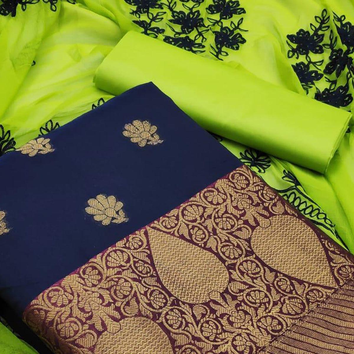 Gleaming Navy Blue Colored Casual Wear Woven Banarasi Silk Dress Material