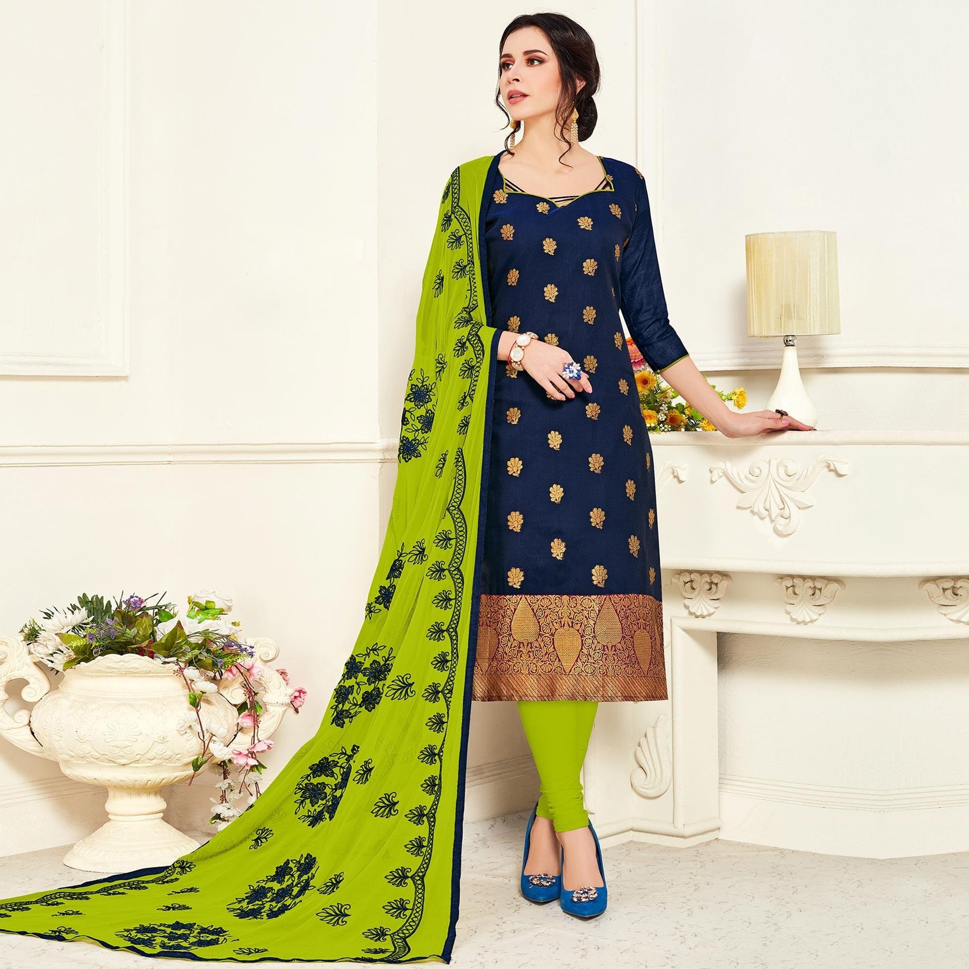 Gleaming Navy Blue Colored Casual Wear Woven Banarasi Silk Dress Material