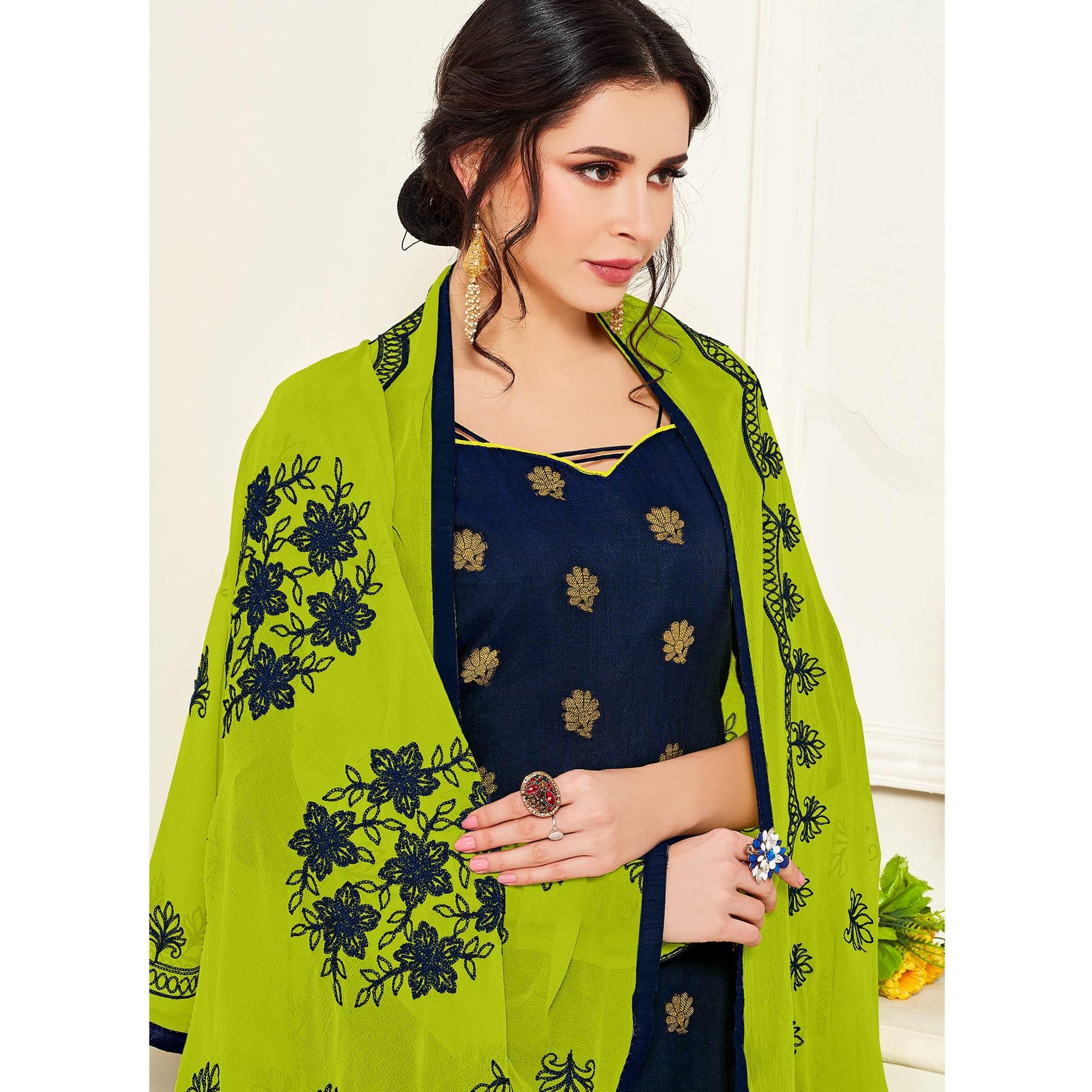 Gleaming Navy Blue Colored Casual Wear Woven Banarasi Silk Dress Material