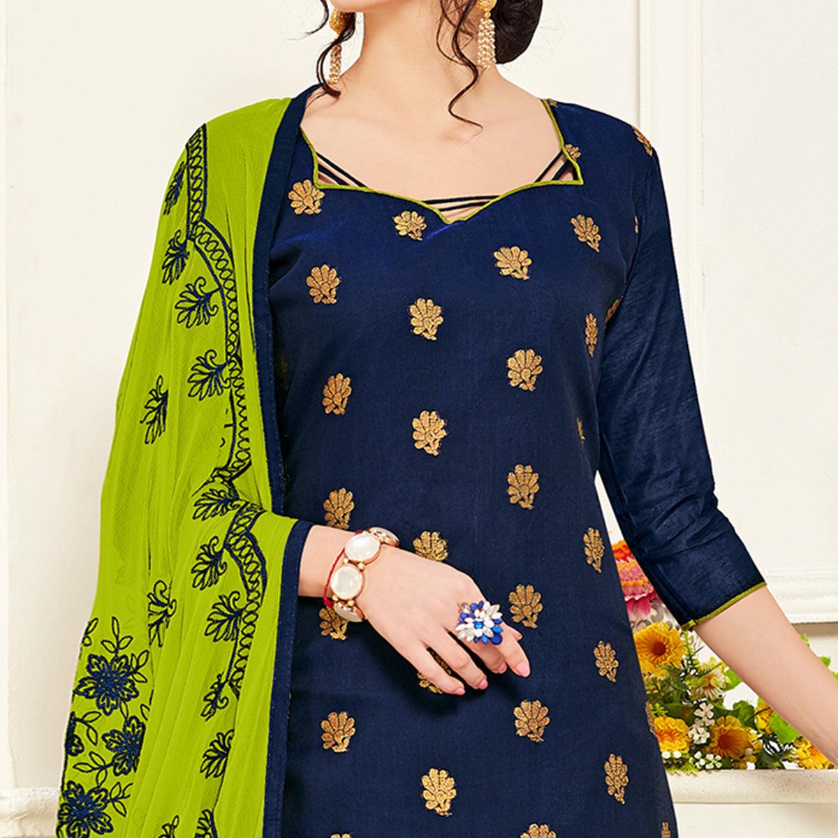 Gleaming Navy Blue Colored Casual Wear Woven Banarasi Silk Dress Material
