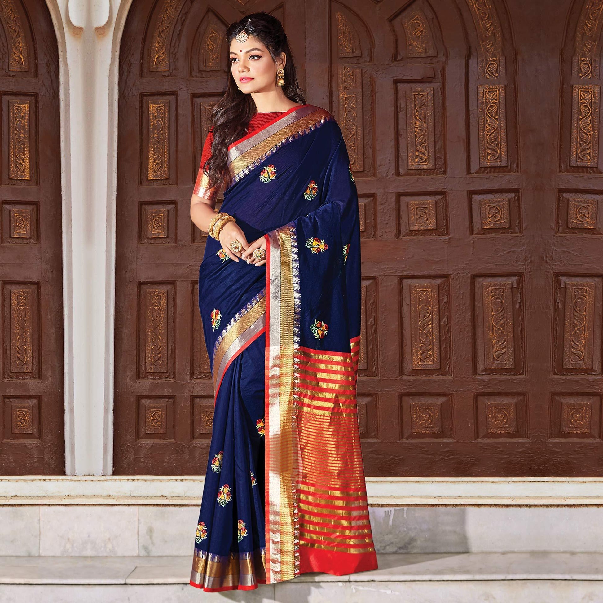 Gleaming Navy Blue Colored Festive Wear Woven Cotton Silk Saree