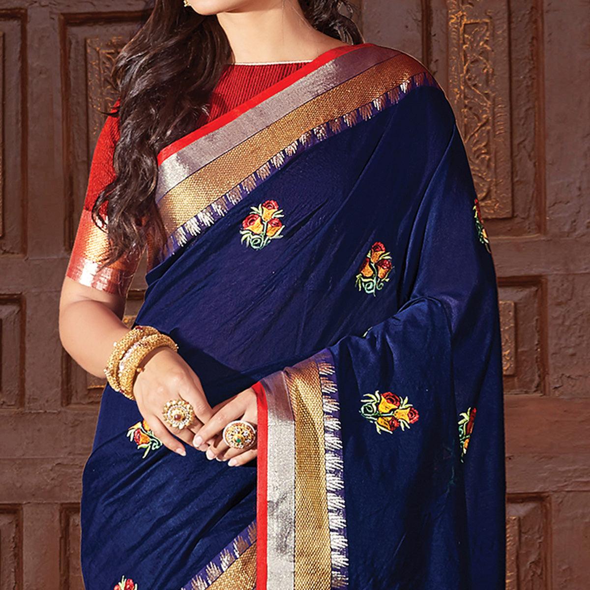 Gleaming Navy Blue Colored Festive Wear Woven Cotton Silk Saree