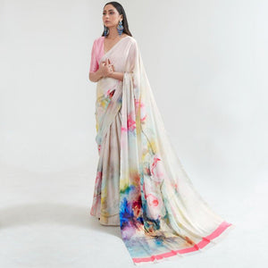 Gleaming Off White Coloured Casual Wear Digital Printed Satin Saree