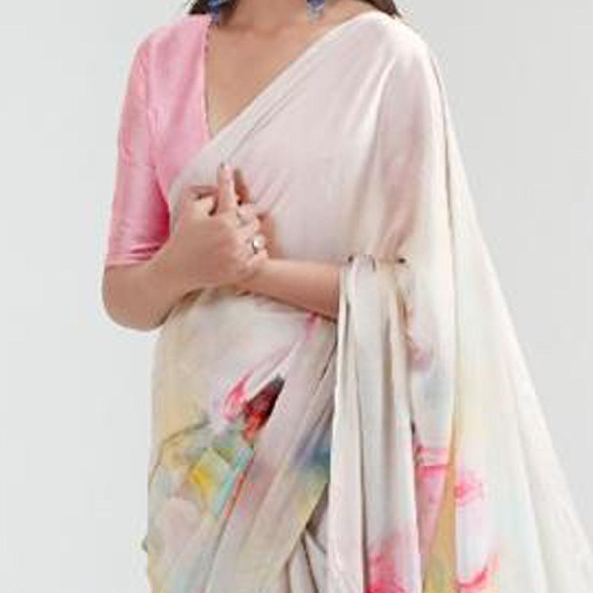 Gleaming Off White Coloured Casual Wear Digital Printed Satin Saree