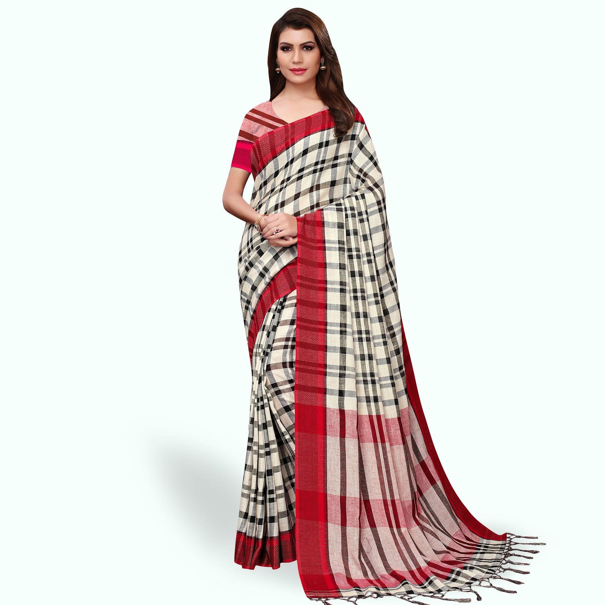 Gleaming Off White - Red Colored Festive Wear Linen Saree