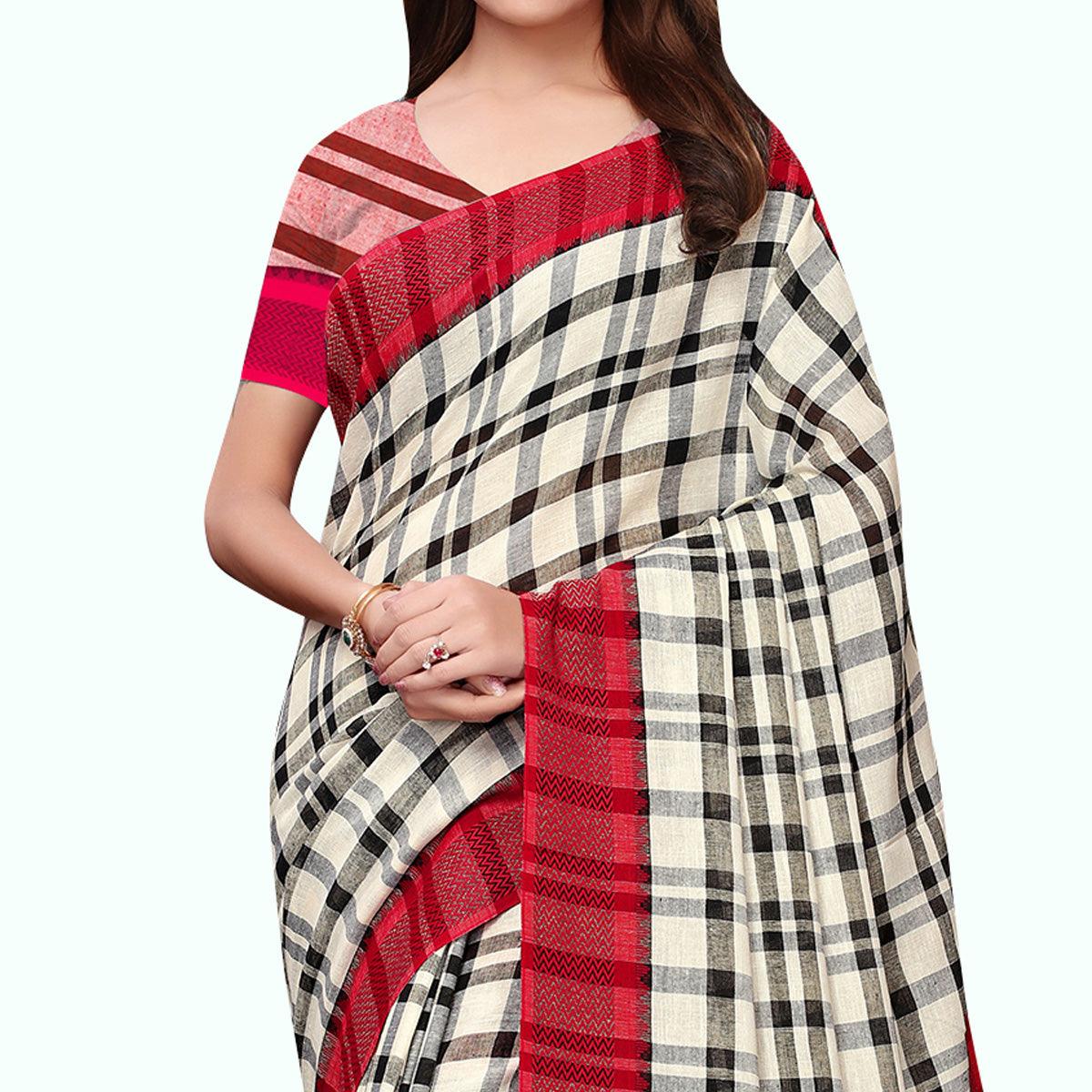 Gleaming Off White - Red Colored Festive Wear Linen Saree