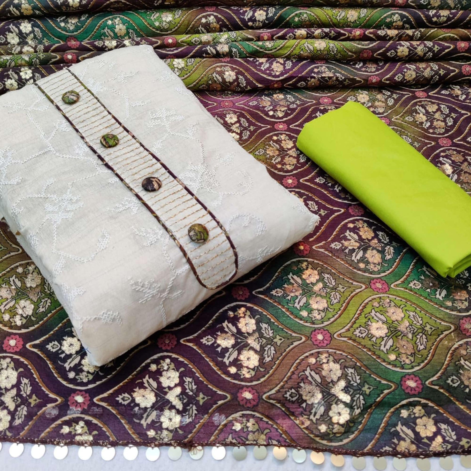 Gleaming Offwhite - Green Colored Casual Wear Embroidered Cotton Dress Material