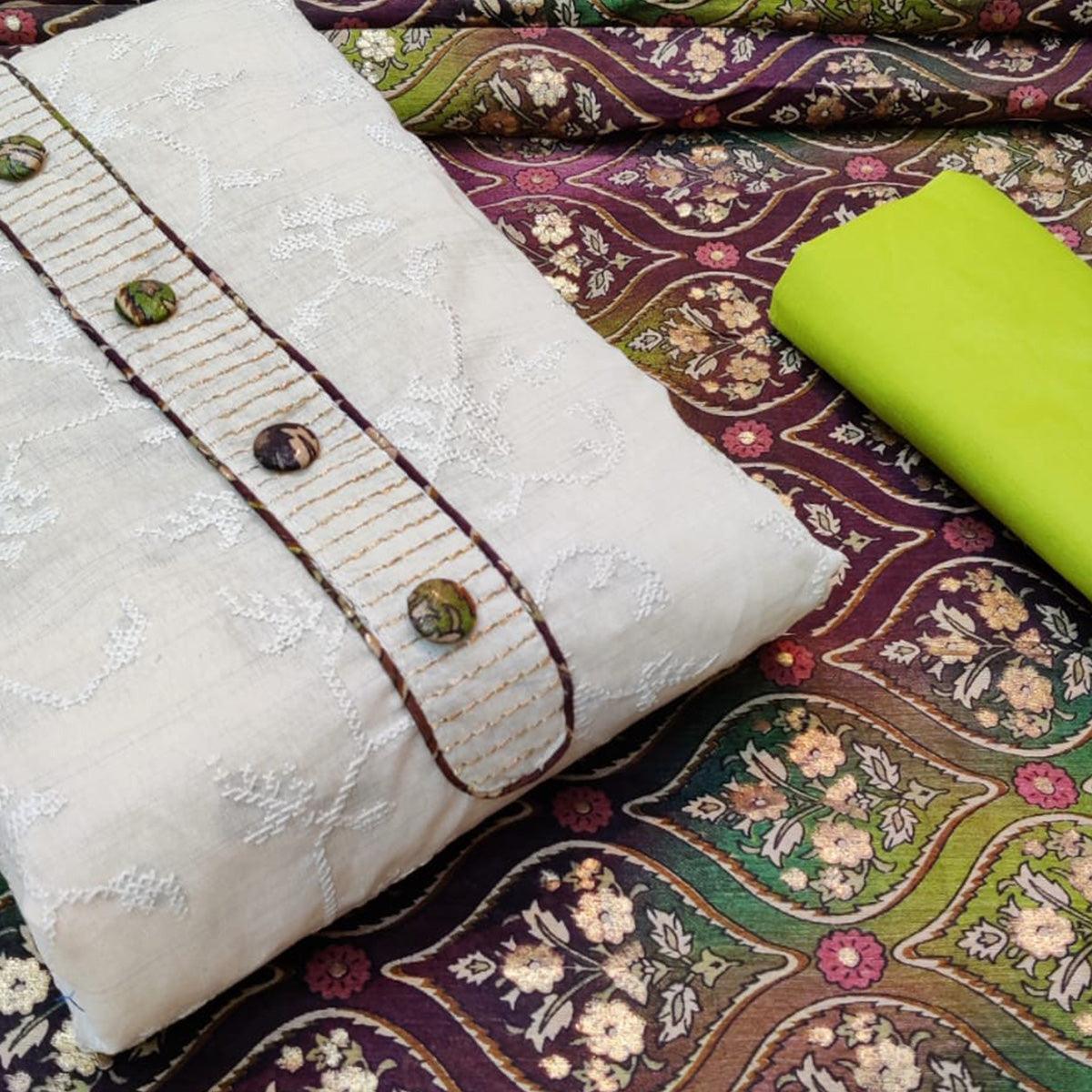 Gleaming Offwhite - Green Colored Casual Wear Embroidered Cotton Dress Material